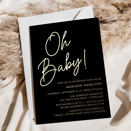 Oh Baby Black en Gold Script Baby shower Folie Uitnodiging