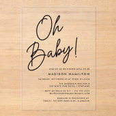 Oh Baby Black Script Minimalistisch Baby shower Acryl Uitnodigingen (Voorkant)