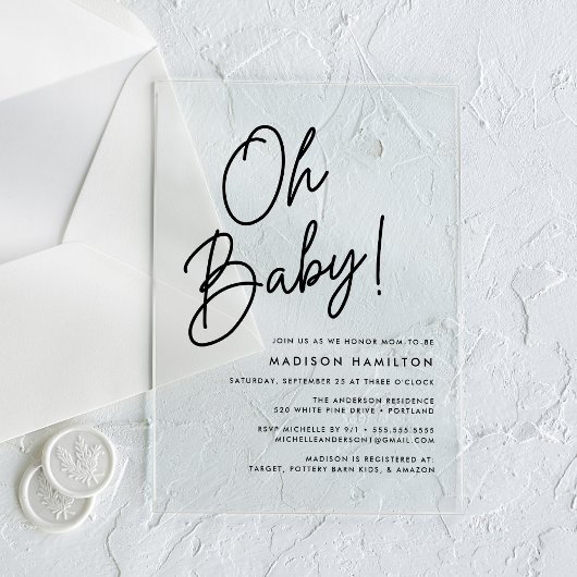 Oh Baby Black Script Minimalistisch Baby shower Acryl Uitnodigingen