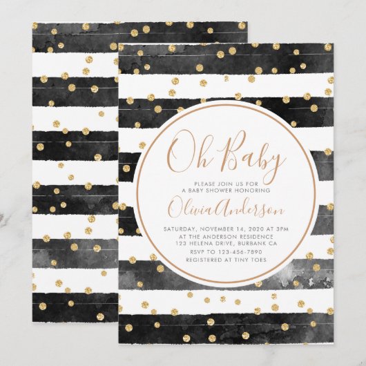 Oh Baby Black Stripe Glitter Baby shower Kaart (Voorkant / Achterkant)