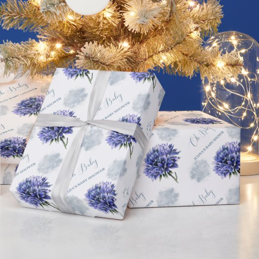 Oh Baby blauw bloemig baby shower Cadeaupapier (Feestdagen)