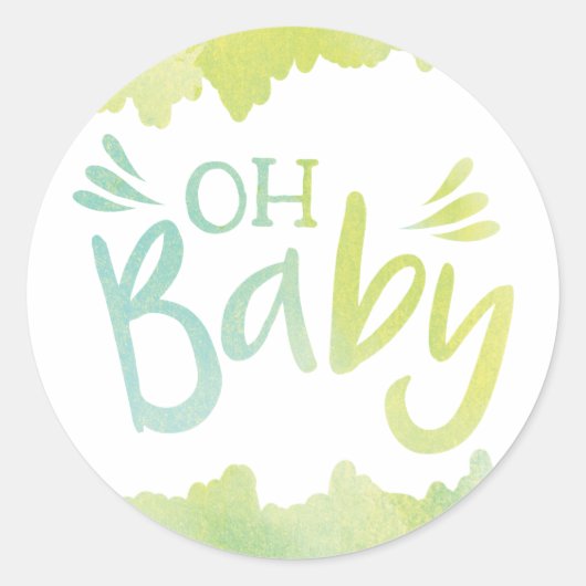 "Oh Baby" Blauw en Groen Waterverf Baby shower Ronde Sticker (Voorkant)