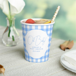 Oh baby blauw gingham gepersonaliseerd baby shower papieren bekers