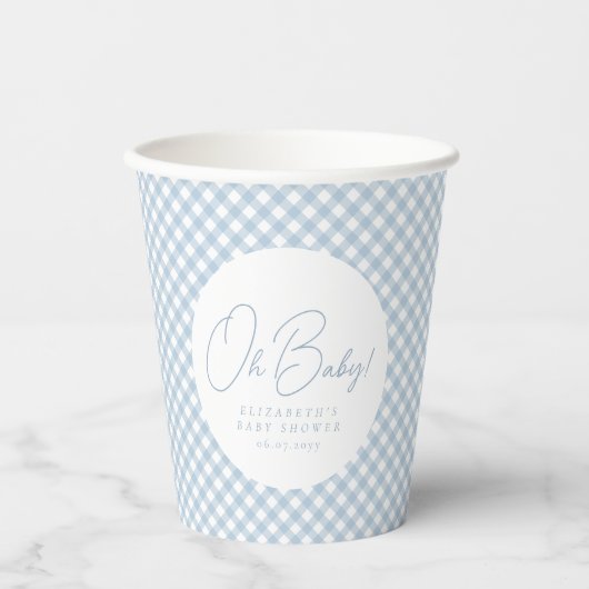 Oh baby blauw gingham gepersonaliseerd baby shower papieren bekers (Voorkant)