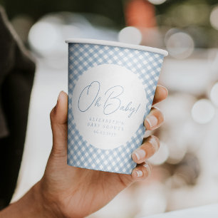 Oh baby blauw gingham gepersonaliseerd baby shower papieren bekers