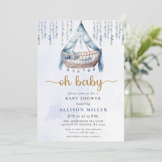 Oh Baby Blauw Goud Wieg Boho Boy Baby shower Kaart (Staand voorkant)
