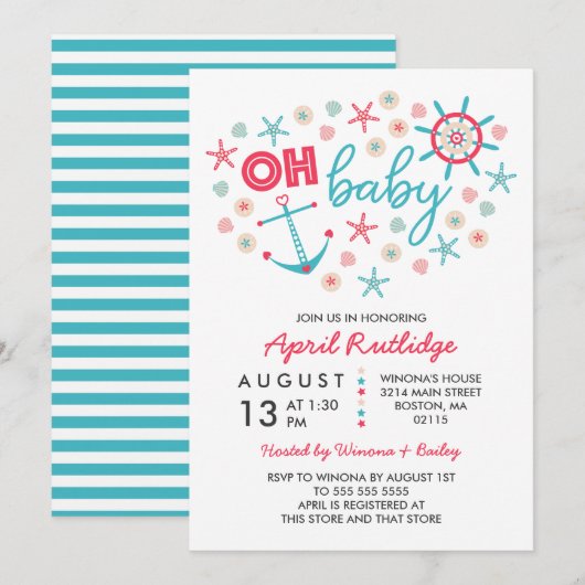 Oh Baby Blauw & Rood Nautisch Baby shower Kaart (Voorkant / Achterkant)