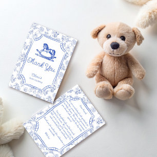 Oh baby blauw schommelpaard schets baby shower bedankkaart