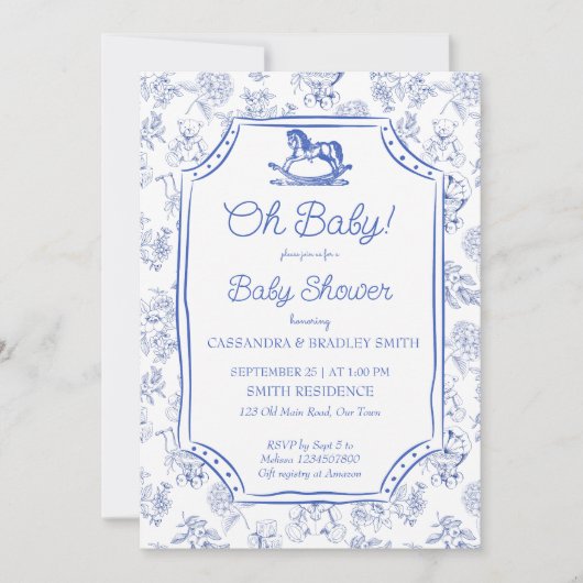Oh baby blauw schommelpaard schets baby shower kaart (Voorkant)