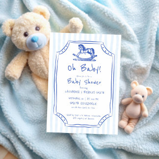 Oh baby blauw schommelpaard schets baby shower kaart