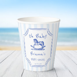 Oh baby blauw schommelpaard schets baby shower papieren bekers