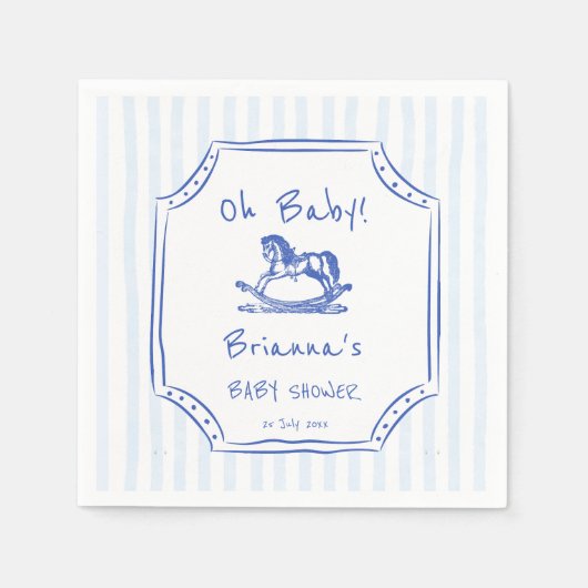 Oh baby blauw schommelpaard schets baby shower servet (Voorkant)