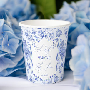 Oh baby blauw toile de jouy boog baby shower papieren bekers