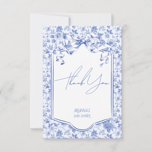 Oh baby blauw toile de jouy sketch baby shower bedankkaart (Voorkant)