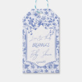 Oh baby blauw toile de jouy sketch baby shower cadeaulabel (Voorkant)