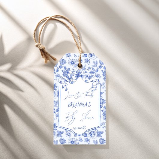 Oh baby blauw toile de jouy sketch baby shower cadeaulabel