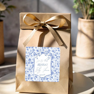 Oh baby blauw toile sketch baby shower gunst vierkante sticker