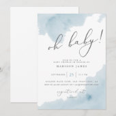 Oh baby blauw Waterverf Baby shower uitnodigen Kaart (Voorkant / Achterkant)