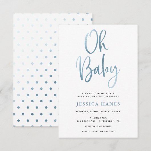 Oh Baby Blauwe Folie Baby shower Uitnodiging (Voorkant / Achterkant)