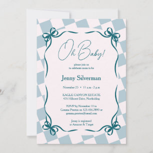 Oh Baby Blauwe Gingham Strikken Baby Shower Kaart