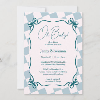Oh Baby Blauwe Gingham Strikken Baby Shower Kaart