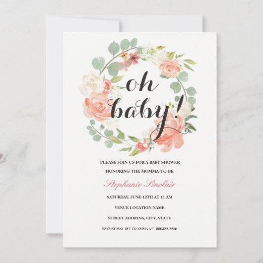 Oh Baby Bloemenkrans Baby shower Uitnodiging (Voorkant)