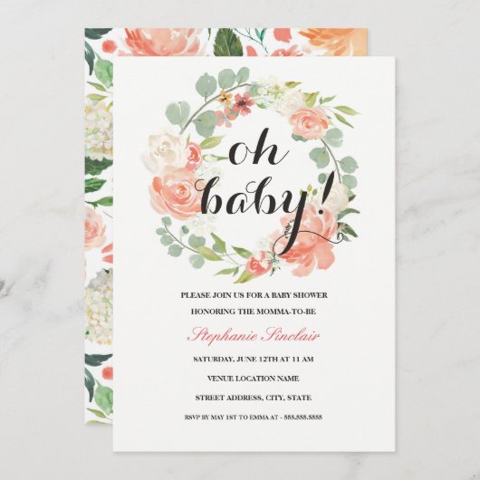Oh Baby Bloemenkrans Baby shower Uitnodiging (Voorkant / Achterkant)