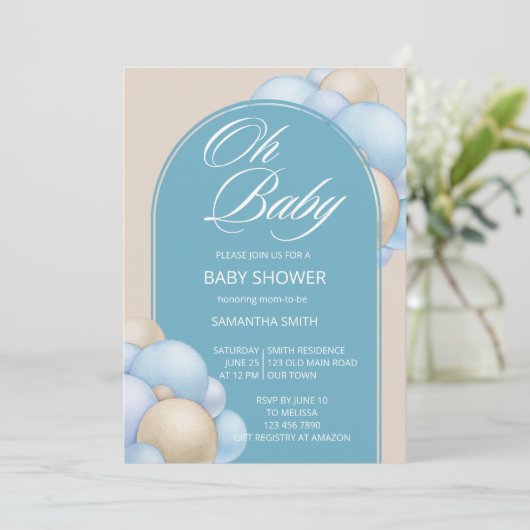 Oh baby blue beige ballonnen boogminimalistisch si kaart (Staand voorkant)