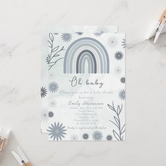 Oh Baby Blue Boho Bloemen Baby shower Kaart (Voorkant / Achterkant in situ)