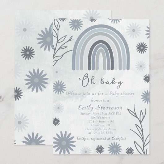 Oh Baby Blue Boho Bloemen Baby shower Kaart (Voorkant / Achterkant)