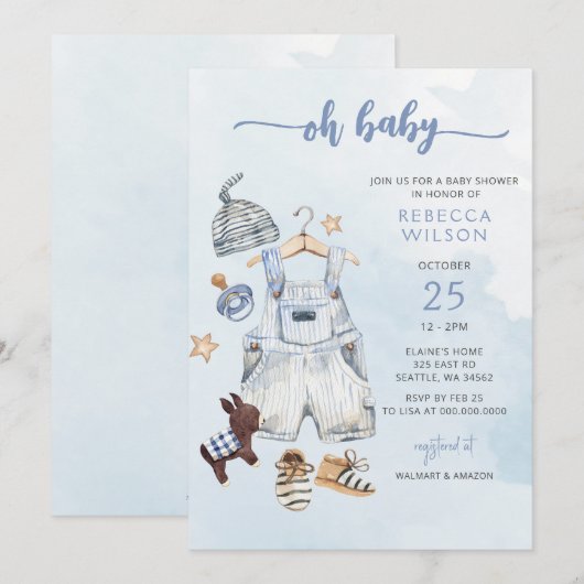 Oh Baby Blue Boho Boy Baby shower Invitation Kaart (Voorkant / Achterkant)