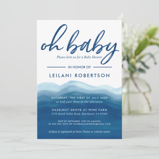 Oh Baby Blue Boy Baby shower Waterverf Wave Kaart (Staand voorkant)