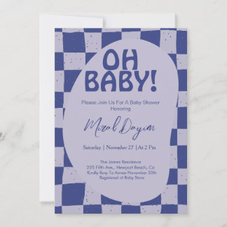 Oh Baby! Blue Checkered Modern Baby Shower Kaart