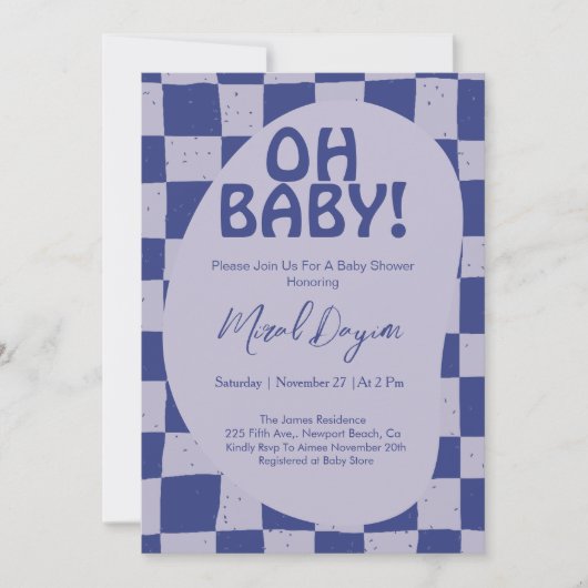 Oh Baby! Blue Checkered Modern Baby Shower Kaart (Voorkant)