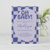 Oh Baby! Blue Checkered Modern Baby Shower Kaart (Staand voorkant)