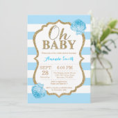 Oh Baby Blue en Gold Baby shower Uitnodiging (Staand voorkant)