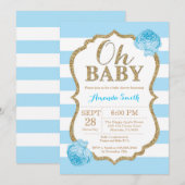 Oh Baby Blue en Gold Baby shower Uitnodiging (Voorkant / Achterkant)