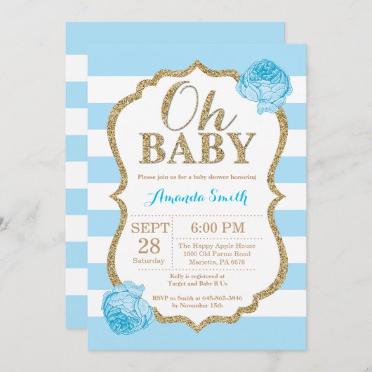 Oh Baby Blue en Gold Baby shower Uitnodiging (Voorkant / Achterkant)