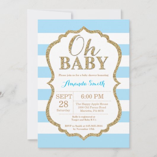 Oh Baby Blue en Gold Baby shower Uitnodiging (Voorkant)
