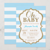 Oh Baby Blue en Gold Baby shower Uitnodiging (Voorkant / Achterkant)