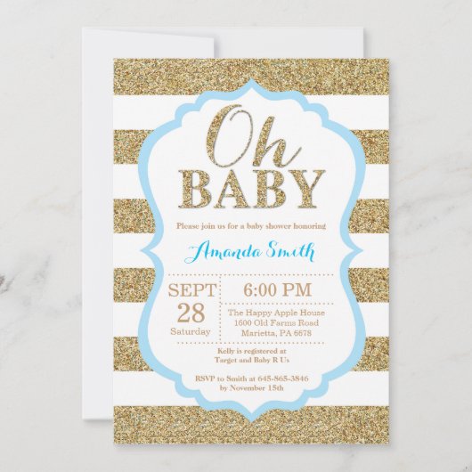 Oh Baby Blue en Gold Baby shower Uitnodiging (Voorkant)