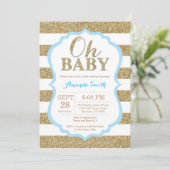 Oh Baby Blue en Gold Baby shower Uitnodiging (Staand voorkant)