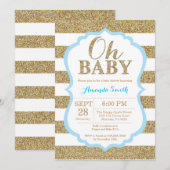 Oh Baby Blue en Gold Baby shower Uitnodiging (Voorkant / Achterkant)