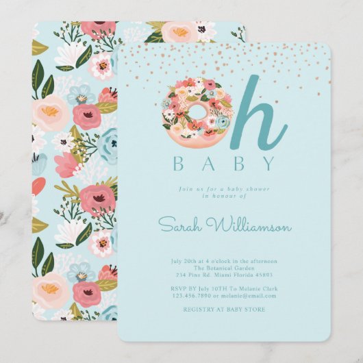 Oh Baby Blue Floral Botanical Donut Baby shower Kaart (Voorkant / Achterkant)