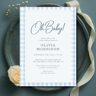 Oh Baby Blue Gingham Baby Shower Kaart