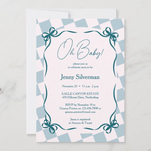 Oh Baby Blue Gingham Bows Baby Shower Kaart (Voorkant)