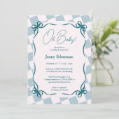 Oh Baby Blue Gingham Bows Baby Shower Kaart (Staand voorkant)