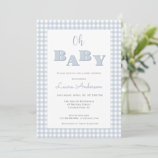 Oh Baby Blue Gingham Check Boy Baby shower Kaart (Staand voorkant)