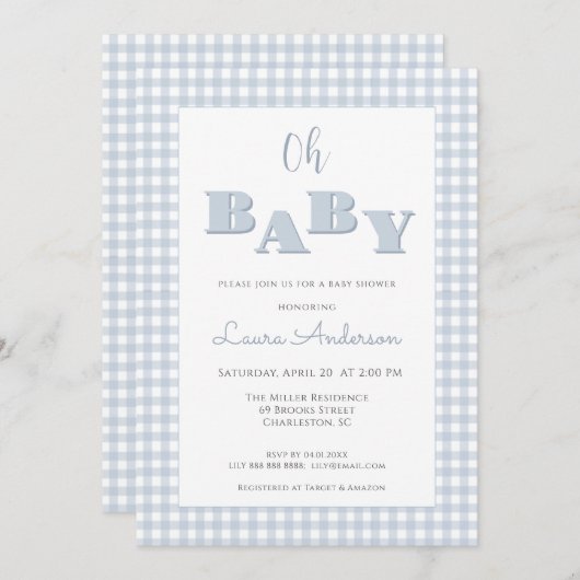 Oh Baby Blue Gingham Check Boy Baby shower Kaart (Voorkant / Achterkant)