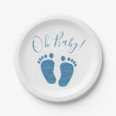 Oh Baby Blue Glitter Feet Baby shower Papieren Bordje (Voorkant)